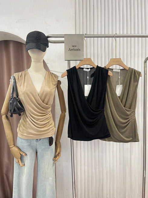 Sleeveless Wrap Design Ruched Tops